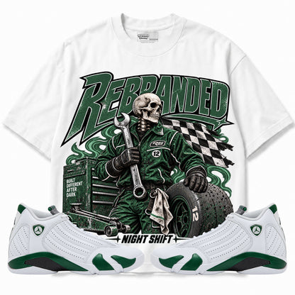 Rebranded Studios Night Shift Air Jordan 14 Forest Green Graphic T-Shirt — front with sneakers