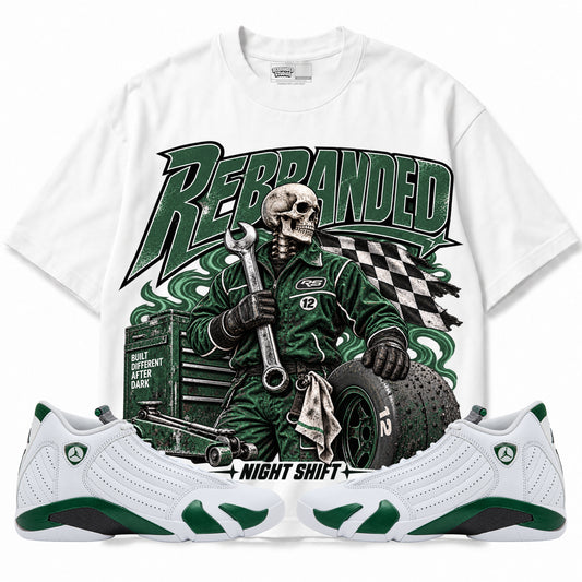 Rebranded Studios Night Shift Air Jordan 14 Forest Green Graphic T-Shirt — front with sneakers