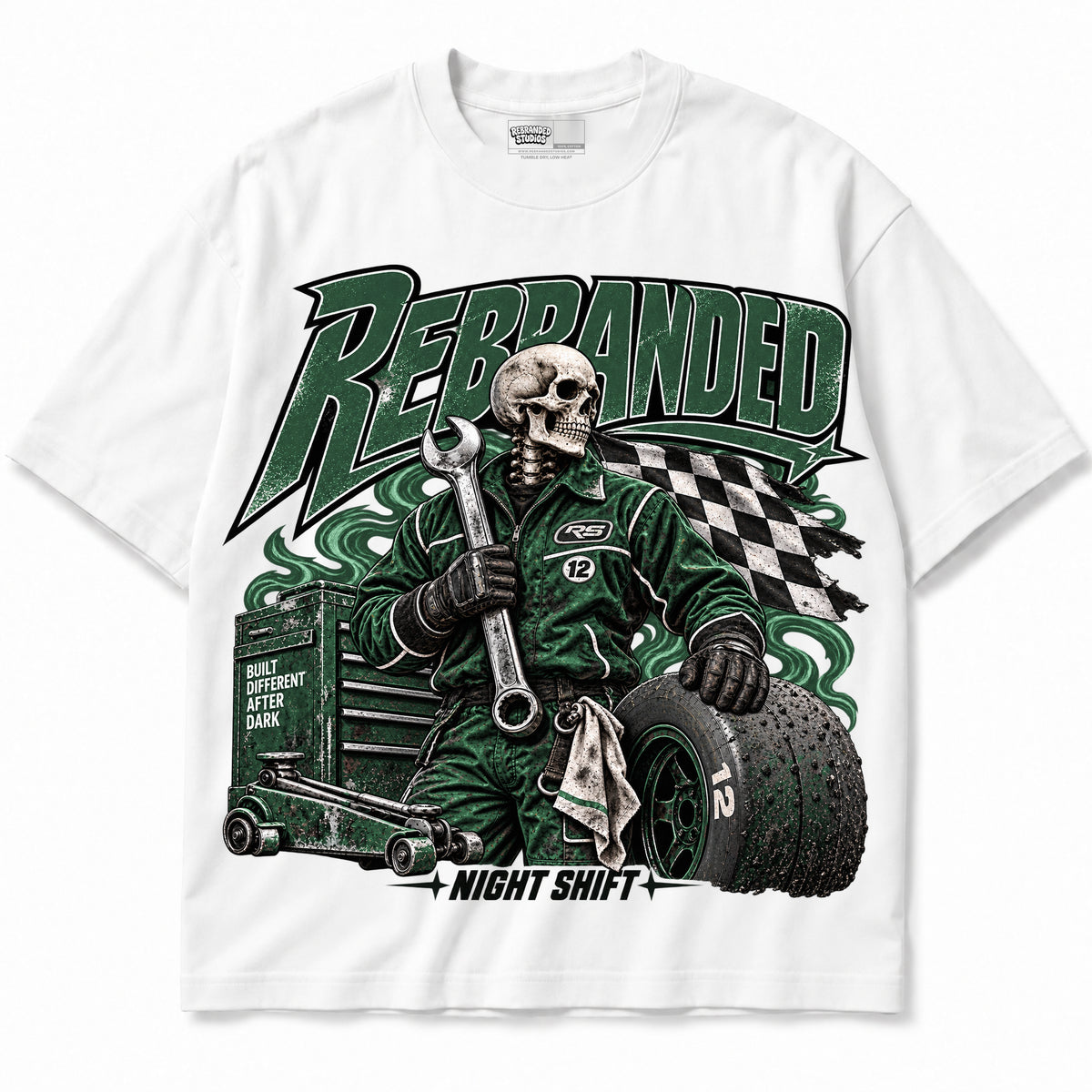 Rebranded Studios Night Shift Air Jordan 14 Forest Green Graphic T-Shirt — garment front