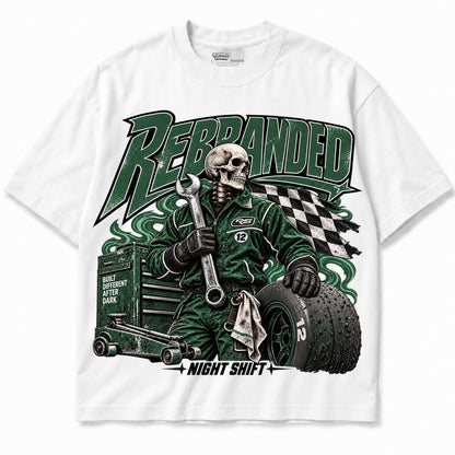 Rebranded Studios Night Shift Air Jordan 14 Forest Green Graphic T-Shirt — garment front