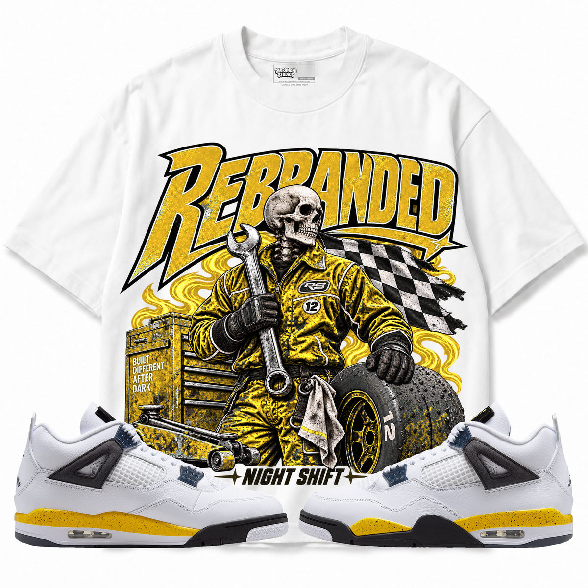Rebranded Studios Night Shift Air Jordan 4 Tour Yellow Graphic T-Shirt — front with sneakers