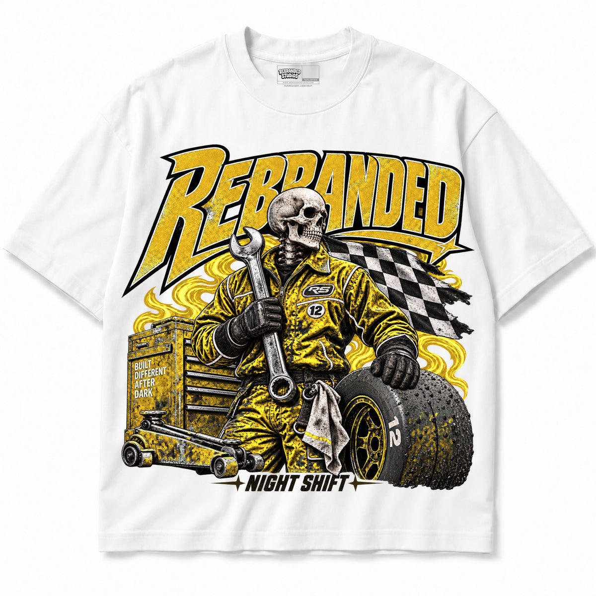 Rebranded Studios Night Shift Air Jordan 4 Tour Yellow Graphic T-Shirt — garment front