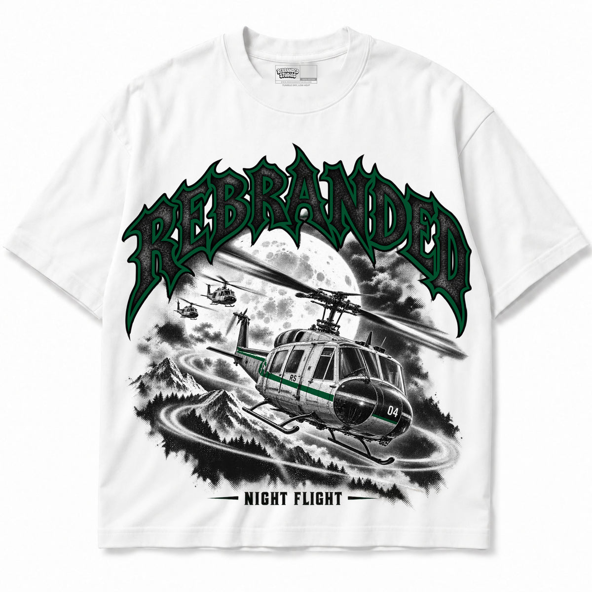 Rebranded Studios Night Flight Air Jordan 12 Bucks Graphic T-Shirt — garment front; bold REBRANDED, gray textured faces, clean collection-color stroke and black outline
