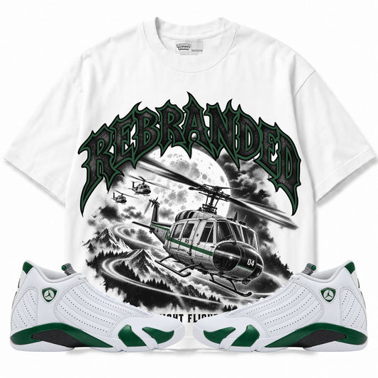 Rebranded Studios Night Flight Air Jordan 14 Forest Green Graphic T-Shirt — front with sneakers; bold REBRANDED, gray textured faces, clean collection-color stroke and black outline