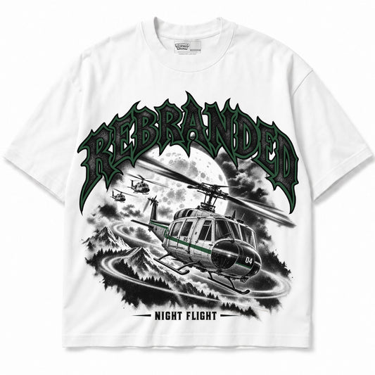 Rebranded Studios Night Flight Air Jordan 14 Forest Green Graphic T-Shirt — garment front; bold REBRANDED, gray textured faces, clean collection-color stroke and black outline — alternate view