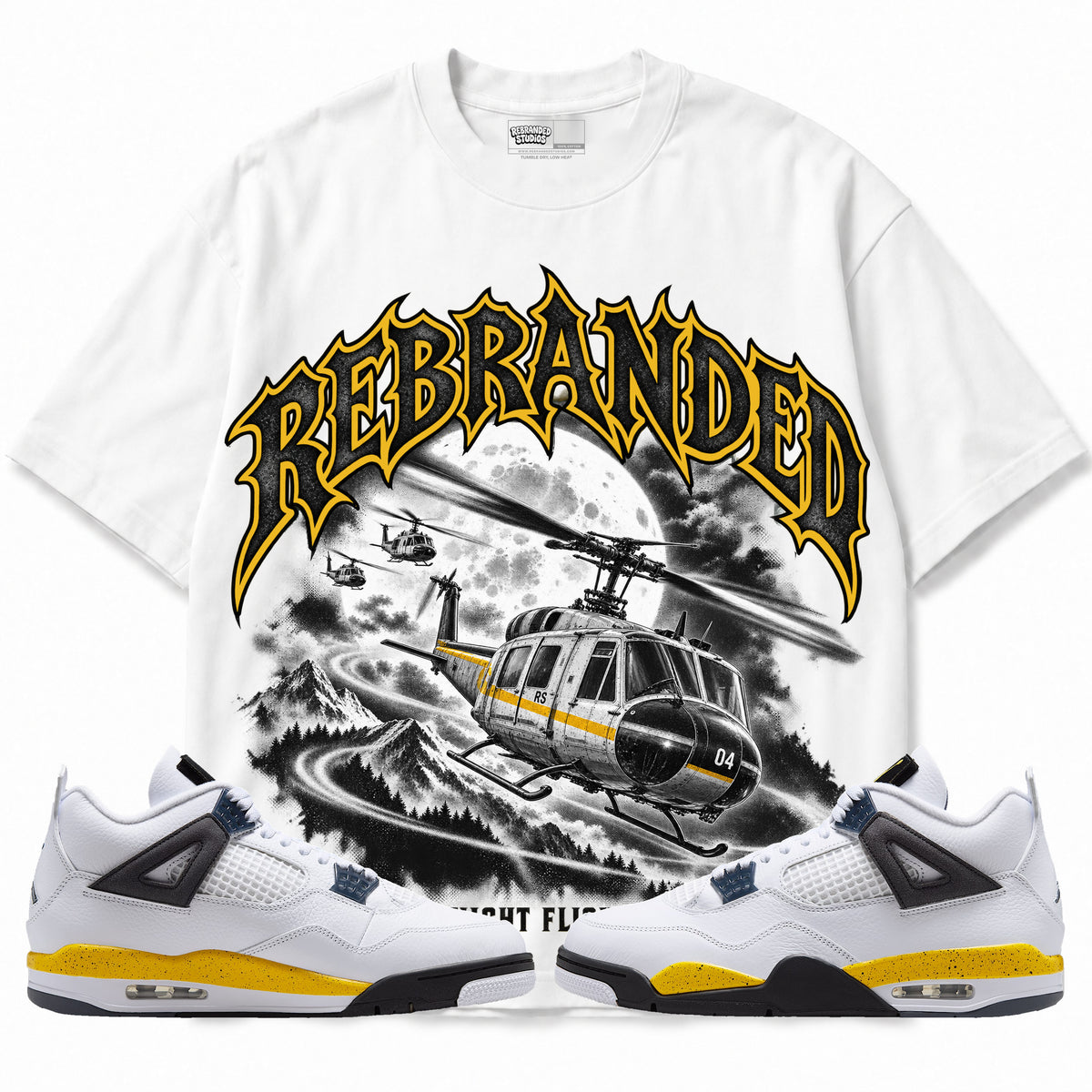Rebranded Studios Night Flight Air Jordan 4 Tour Yellow Graphic T-Shirt — front with sneakers; bold REBRANDED, gray textured faces, clean collection-color stroke and black outline