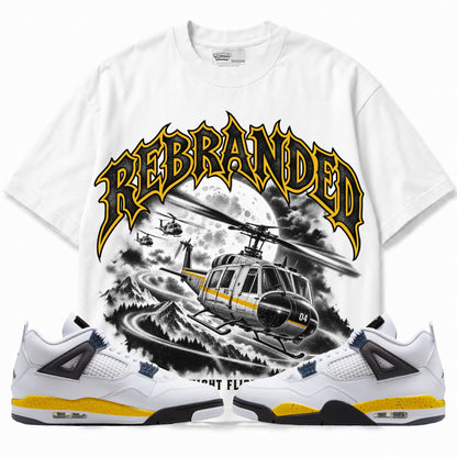 Rebranded Studios Night Flight Air Jordan 4 Tour Yellow Graphic T-Shirt — front with sneakers; bold REBRANDED, gray textured faces, clean collection-color stroke and black outline