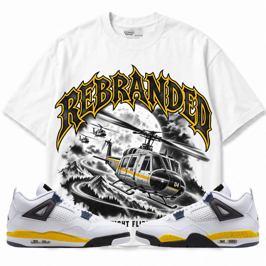 Rebranded Studios Night Flight Air Jordan 4 Tour Yellow Graphic T-Shirt — front with sneakers; bold REBRANDED, gray textured faces, clean collection-color stroke and black outline