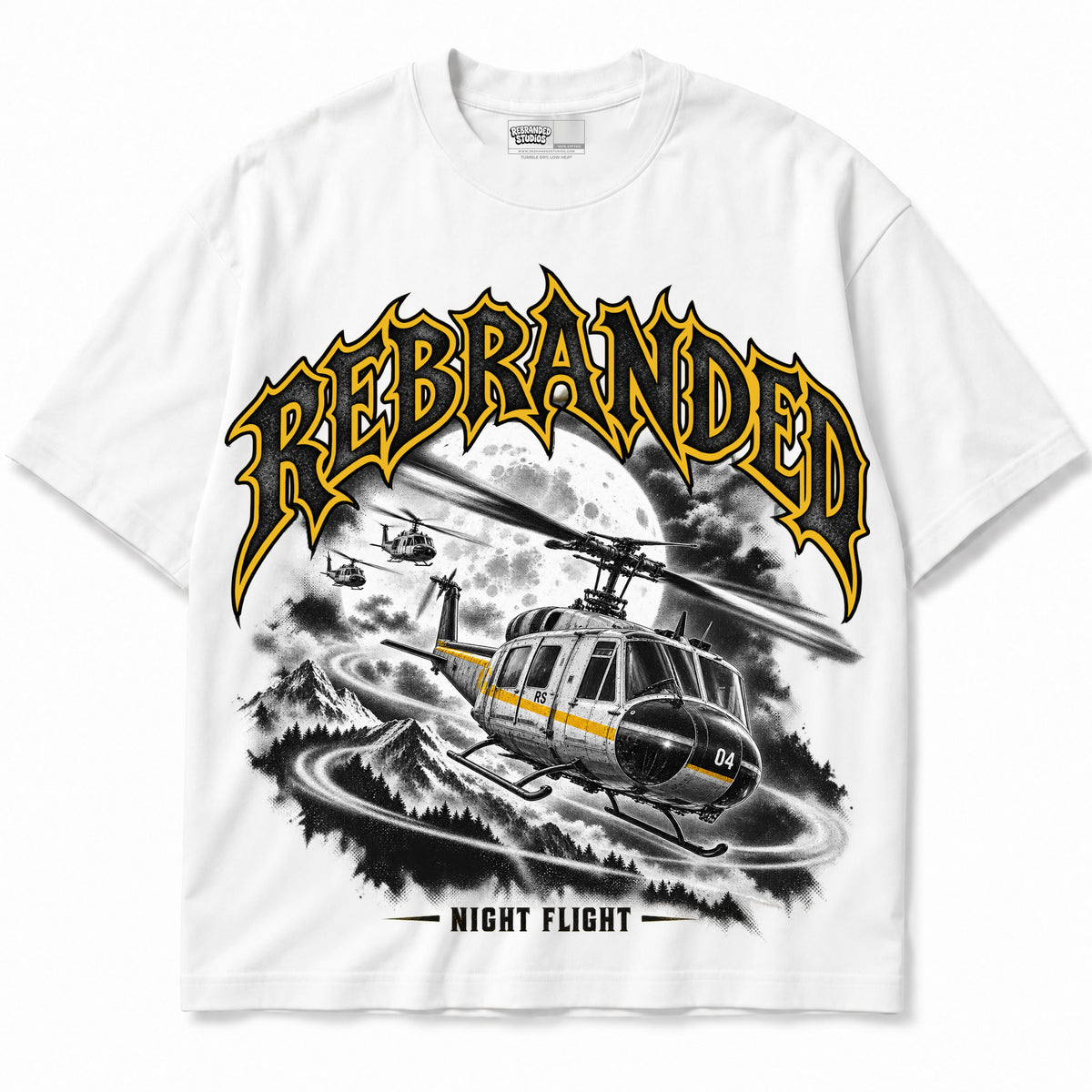 Rebranded Studios Night Flight Air Jordan 4 Tour Yellow Graphic T-Shirt — garment front; bold REBRANDED, gray textured faces, clean collection-color stroke and black outline