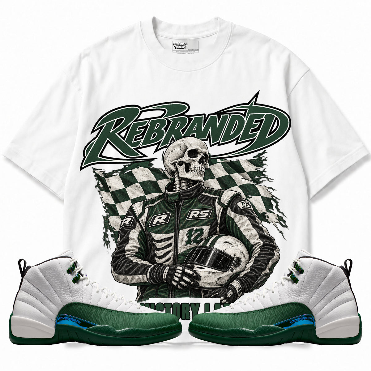 Rebranded Studios Victory Lap Air Jordan 12 Bucks Graphic T-Shirt — bold REBRANDED and VICTORY LAP; front-with-sneakers