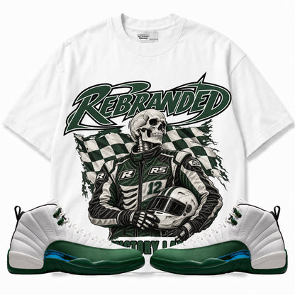 Rebranded Studios Victory Lap Air Jordan 12 Bucks Graphic T-Shirt — bold REBRANDED and VICTORY LAP; front-with-sneakers