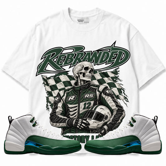 Rebranded Studios Victory Lap Air Jordan 12 Bucks Graphic T-Shirt — bold REBRANDED and VICTORY LAP; front-with-sneakers