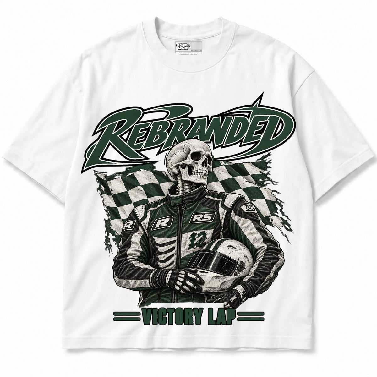 Rebranded Studios Victory Lap Air Jordan 12 Bucks Graphic T-Shirt — bold REBRANDED and VICTORY LAP; garment-front