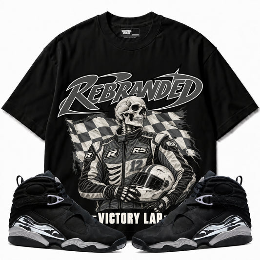 Rebranded Studios Victory Lap Air Jordan 8 Chrome Graphic T-Shirt — bold REBRANDED and VICTORY LAP; front-with-sneakers