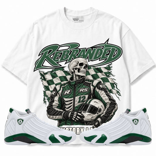 Rebranded Studios Victory Lap Air Jordan 14 Forest Green Graphic T-Shirt — bold REBRANDED and VICTORY LAP; front-with-sneakers