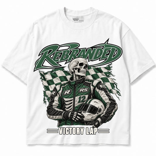 Rebranded Studios Victory Lap Air Jordan 14 Forest Green Graphic T-Shirt — bold REBRANDED and VICTORY LAP; garment-front — alternate view