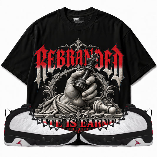 Rebranded Studios Fate Is Earned Air Jordan 9 OG Space Jam Graphic T-Shirt — corrected bright red accents; front-with-sneakers