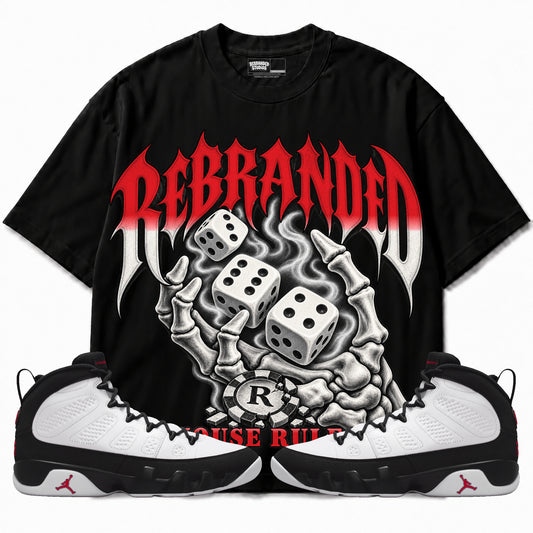 Rebranded Studios House Rules Air Jordan 9 OG Space Jam Graphic T-Shirt — corrected bright red accents; front-with-sneakers