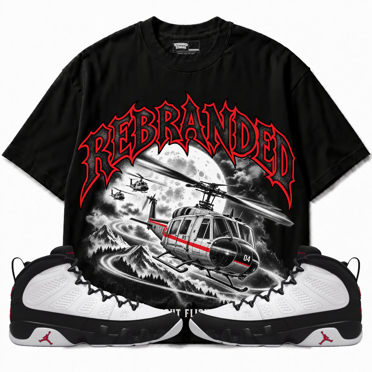 Rebranded Studios Night Flight Air Jordan 9 OG Space Jam Graphic T-Shirt — corrected bright red accents; front-with-sneakers