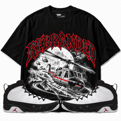 Rebranded Studios Night Flight Air Jordan 9 OG Space Jam Graphic T-Shirt — corrected bright red accents; front-with-sneakers