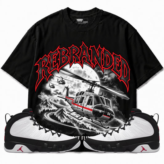 Rebranded Studios Night Flight Air Jordan 9 OG Space Jam Graphic T-Shirt — corrected bright red accents; front-with-sneakers