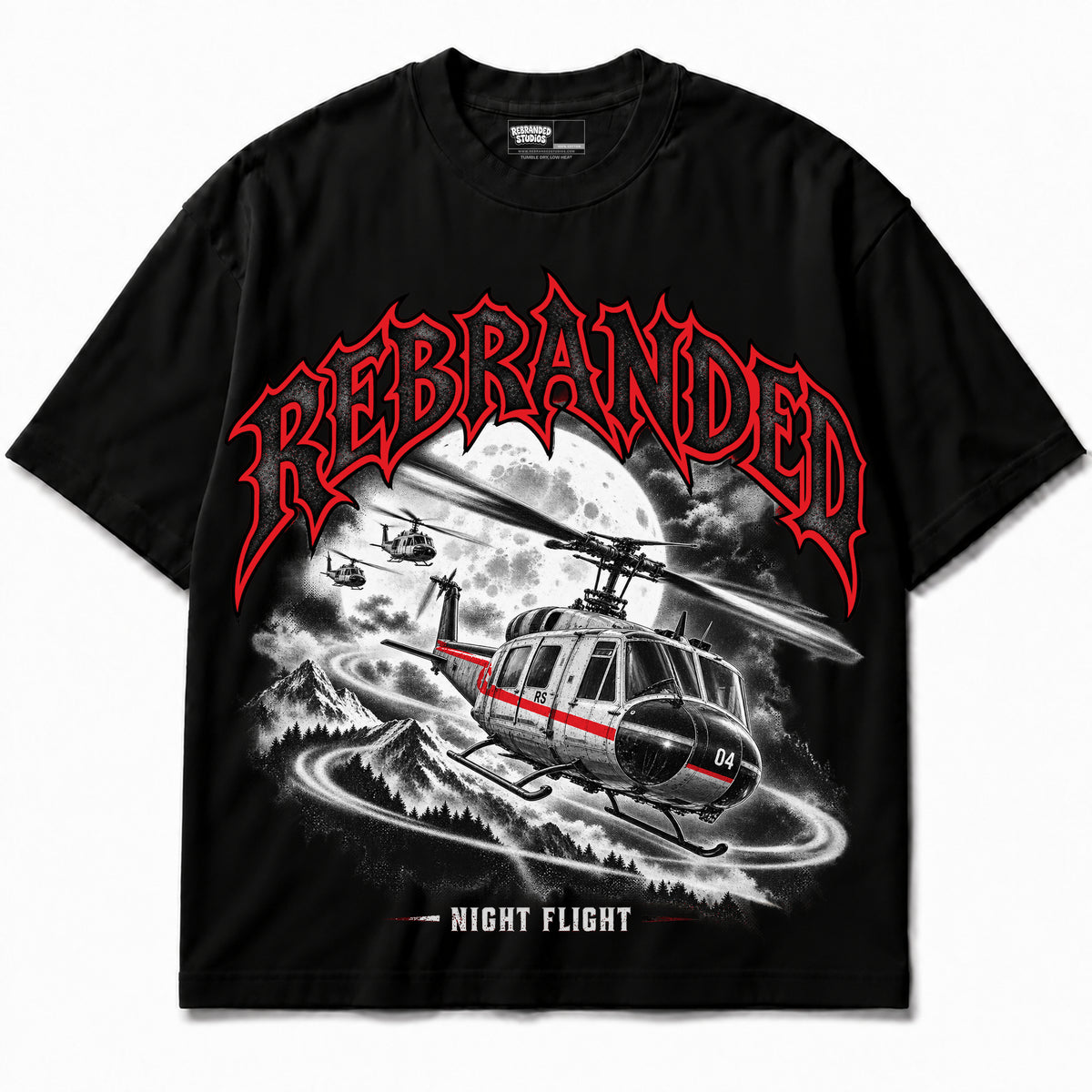 Rebranded Studios Night Flight Air Jordan 9 OG Space Jam Graphic T-Shirt — corrected bright red accents; garment-front
