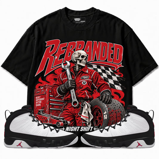 Rebranded Studios Night Shift Air Jordan 9 OG Space Jam Graphic T-Shirt — corrected bright red accents; front-with-sneakers