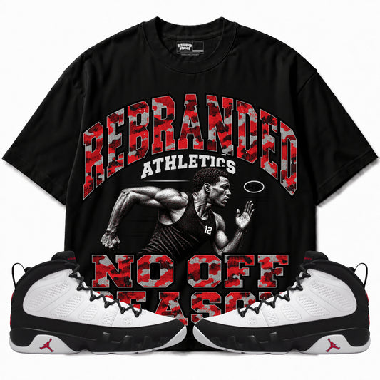 Rebranded Studios No Off Season Air Jordan 9 OG Space Jam Graphic T-Shirt — corrected bright red accents; front-with-sneakers