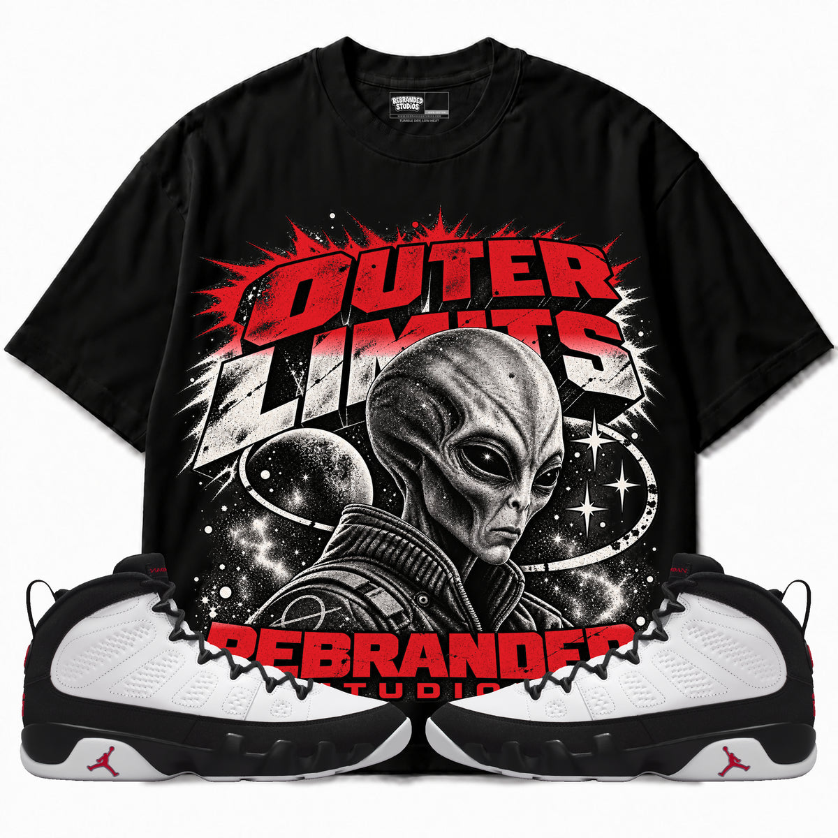 Rebranded Studios Outer Limits Air Jordan 9 OG Space Jam Graphic T-Shirt — corrected bright red accents; front-with-sneakers