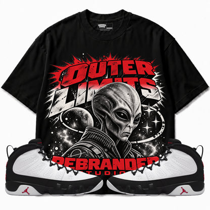 Rebranded Studios Outer Limits Air Jordan 9 OG Space Jam Graphic T-Shirt — corrected bright red accents; front-with-sneakers