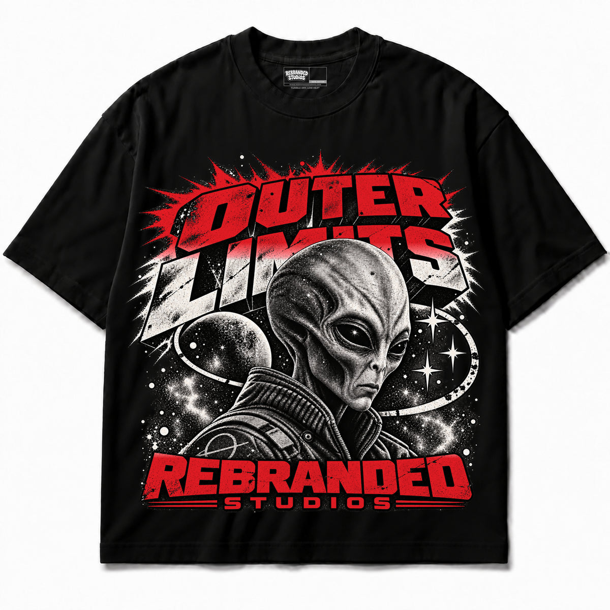 Rebranded Studios Outer Limits Air Jordan 9 OG Space Jam Graphic T-Shirt — corrected bright red accents; garment-front