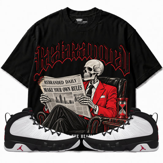 Rebranded Studios Own the Headlines Air Jordan 9 OG Space Jam Graphic T-Shirt — corrected bright red accents; front-with-sneakers