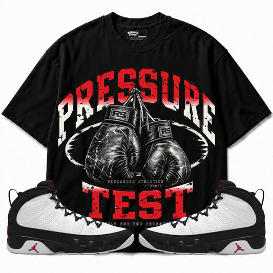 Rebranded Studios Pressure Test Air Jordan 9 OG Space Jam Graphic T-Shirt — corrected bright red accents; front-with-sneakers