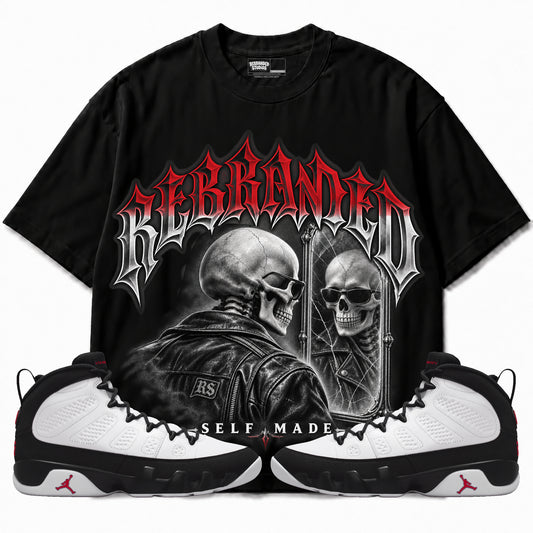 Rebranded Studios Self Made Air Jordan 9 OG Space Jam Graphic T-Shirt — corrected bright red accents; front-with-sneakers