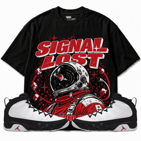 Rebranded Studios Signal Lost Air Jordan 9 OG Space Jam Graphic T-Shirt — corrected bright red accents; front-with-sneakers