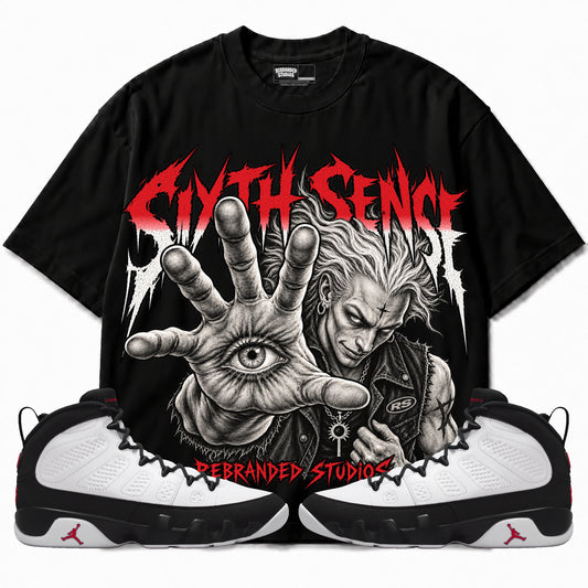 Rebranded Studios Sixth Sense Air Jordan 9 OG Space Jam Graphic T-Shirt — corrected bright red accents; front-with-sneakers