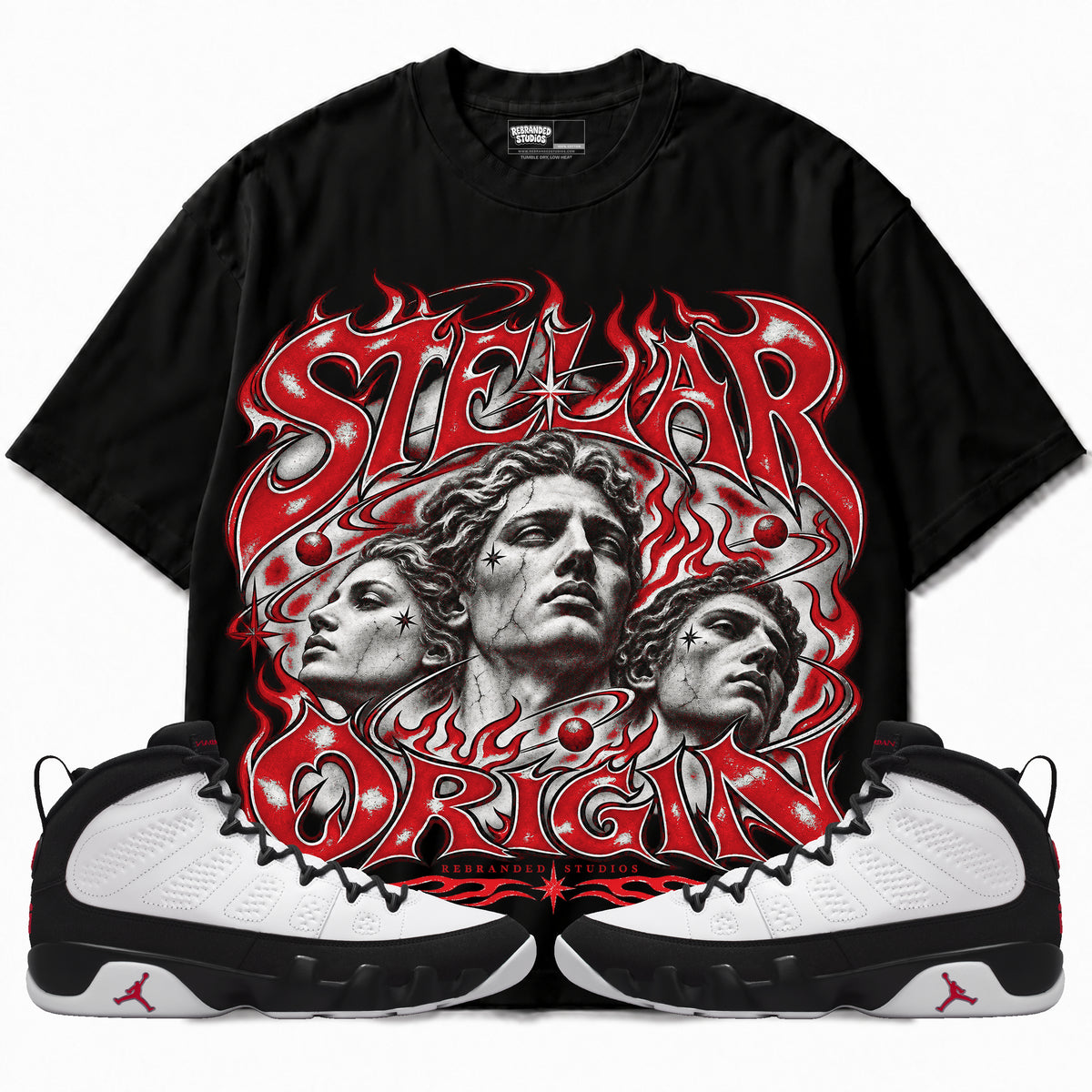 Rebranded Studios Stellar Origin Air Jordan 9 OG Space Jam Graphic T-Shirt — corrected bright red accents; front-with-sneakers