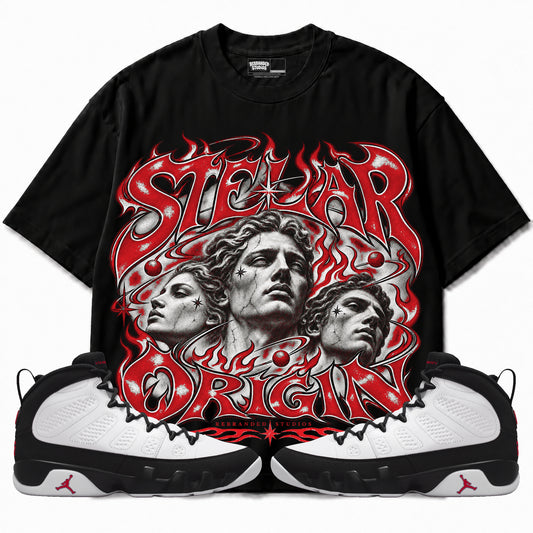Rebranded Studios Stellar Origin Air Jordan 9 OG Space Jam Graphic T-Shirt — corrected bright red accents; front-with-sneakers