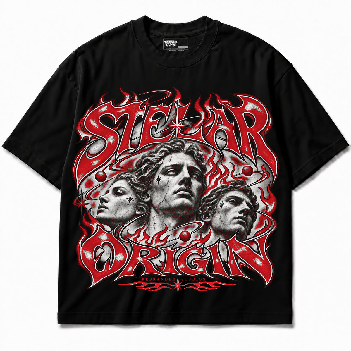 Rebranded Studios Stellar Origin Air Jordan 9 OG Space Jam Graphic T-Shirt — corrected bright red accents; garment-front
