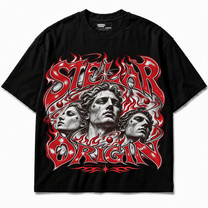 Rebranded Studios Stellar Origin Air Jordan 9 OG Space Jam Graphic T-Shirt — corrected bright red accents; garment-front