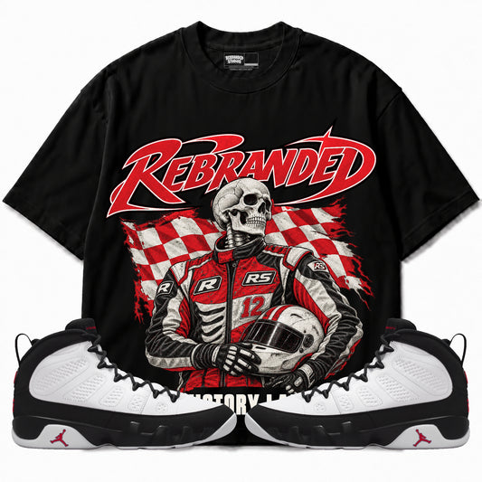 Rebranded Studios Victory Lap Air Jordan 9 OG Space Jam Graphic T-Shirt — corrected bright red accents; bold REBRANDED and VICTORY LAP; front-with-sneakers