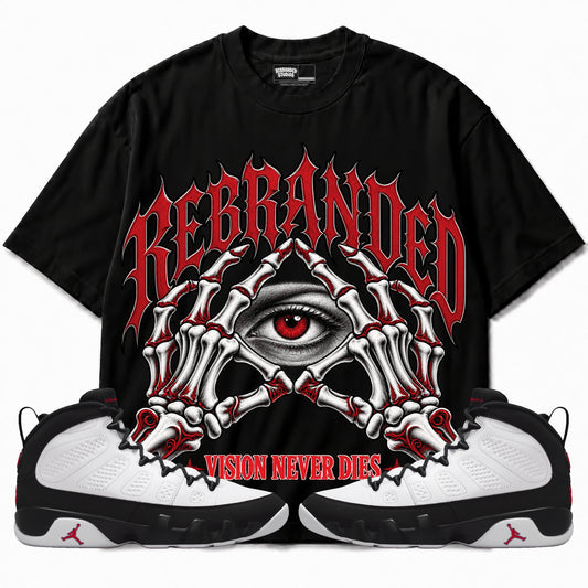 Rebranded Studios Vision Never Dies Air Jordan 9 OG Space Jam Graphic T-Shirt — corrected bright red accents; front-with-sneakers