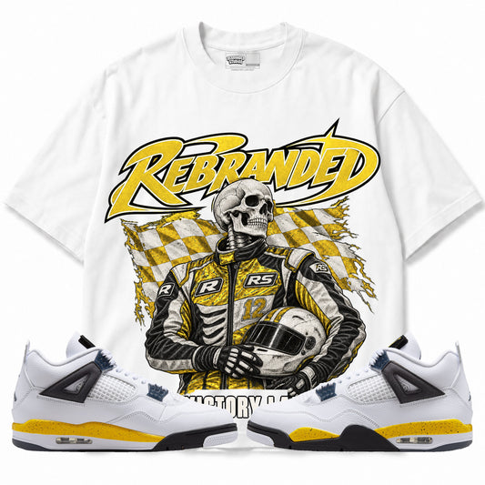 Rebranded Studios Victory Lap Air Jordan 4 Tour Yellow Graphic T-Shirt — bold REBRANDED and VICTORY LAP; front-with-sneakers