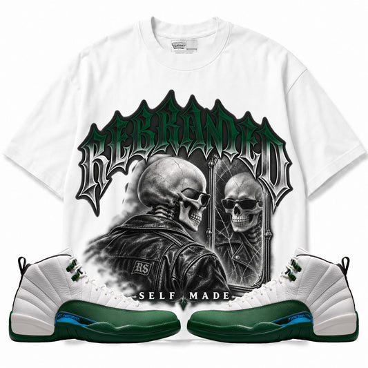 Rebranded Studios Self Made Air Jordan 12 Bucks Graphic T-Shirt — front with sneakers; corrected REBRANDED headline