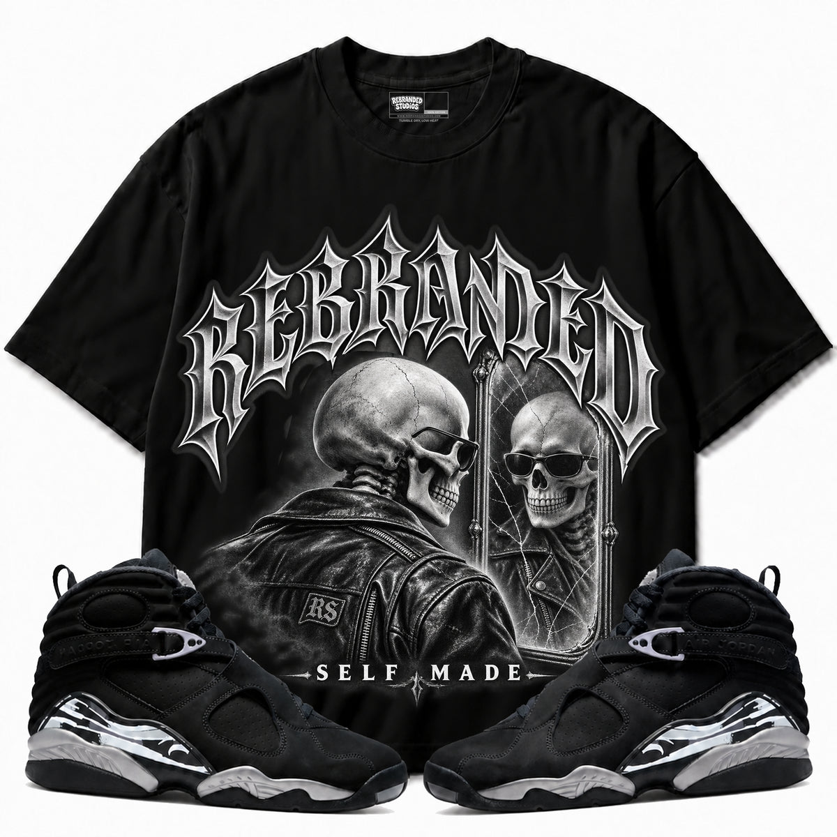 Rebranded Studios Self Made Air Jordan 8 Chrome Graphic T-Shirt — front with sneakers; corrected REBRANDED headline