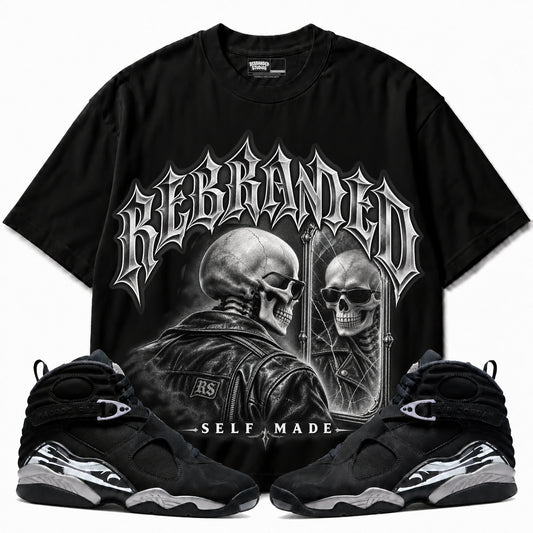 Rebranded Studios Self Made Air Jordan 8 Chrome Graphic T-Shirt — front with sneakers; corrected REBRANDED headline