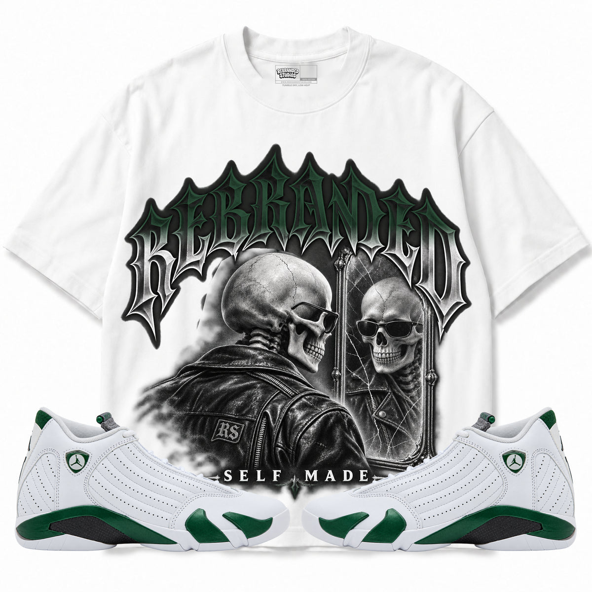 Rebranded Studios Self Made Air Jordan 14 Forest Green Graphic T-Shirt — front with sneakers; corrected REBRANDED headline