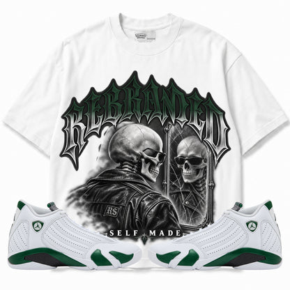 Rebranded Studios Self Made Air Jordan 14 Forest Green Graphic T-Shirt — front with sneakers; corrected REBRANDED headline
