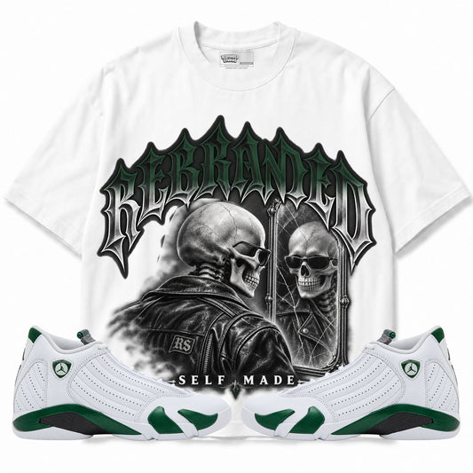 Rebranded Studios Self Made Air Jordan 14 Forest Green Graphic T-Shirt — front with sneakers; corrected REBRANDED headline