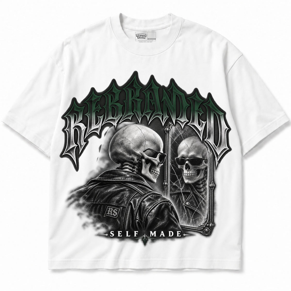 Rebranded Studios Self Made Air Jordan 14 Forest Green Graphic T-Shirt — garment front; corrected REBRANDED headline